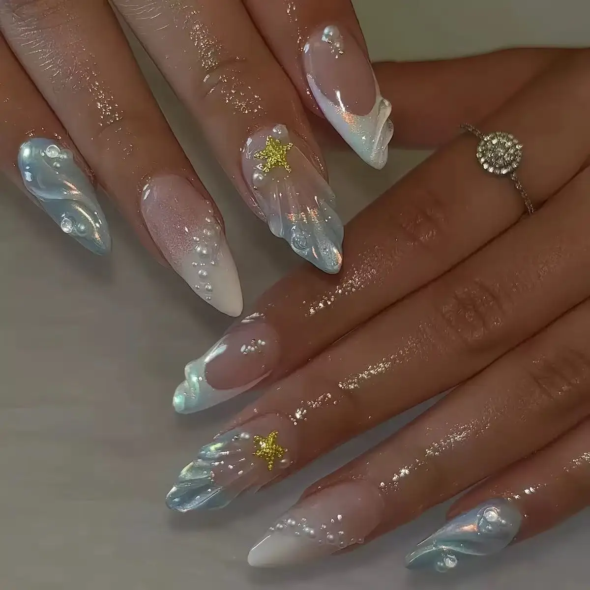 Nail Tech Accessories - Короткие овальные 3D-накладные ногти с жемчужным